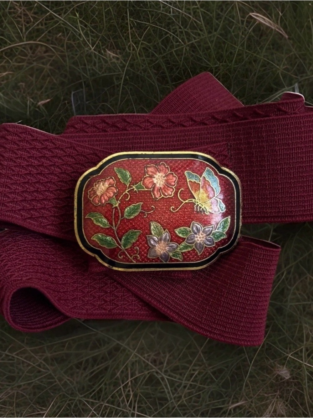 vintage Cloisonne flower butterfly detailed buckle w/ stretch elastic belt Red